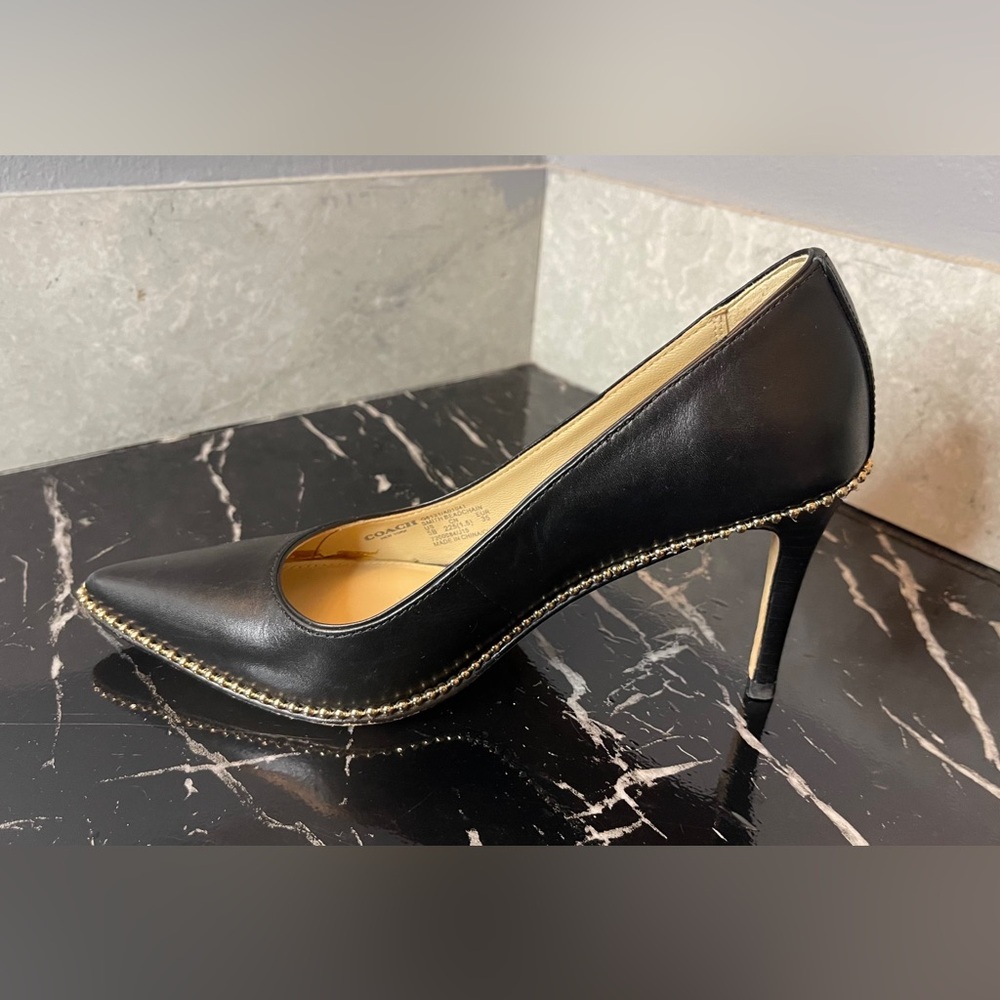 Coach Black Leather Pointed Toe Pumps with Gold Braided Trim - Picture 11 of 14